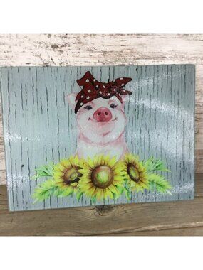 Pig Glass Cutting Board With Sunflowers & Red Bandana Pig Design 11.25" x 15.25"